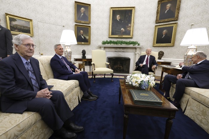 Senate Minority Leader Mitch McConnell Speaker of the House Kevin McCarthy President Joe Biden and Senate Majority Leader Chuck Schumer in the Oval Office of the White House on May 9 2023