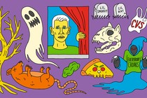 A collage on a purple background, featuring ghosts, tombstones, a cat skull, a dead rat, a spooky tree.