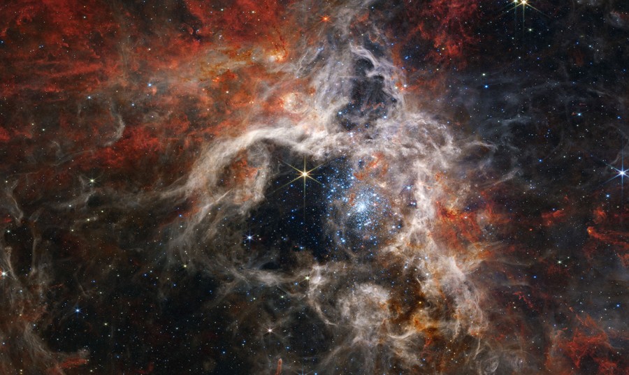 A detailed view of an enormous cloudlike structure of gas and dust, lit by young stars