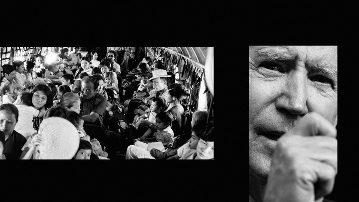 Left: Vietnamese refugees during the evacuation of Da Nang; Right: Joe Biden.