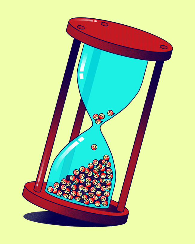 An hourglass with angry emoji tumbling down