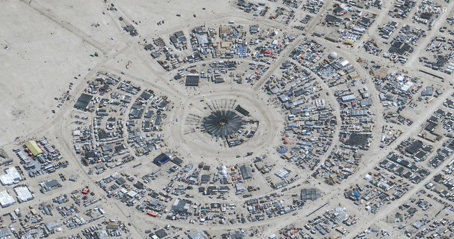 A satellite view shows the center camp during the 2023 Burning Man festival.