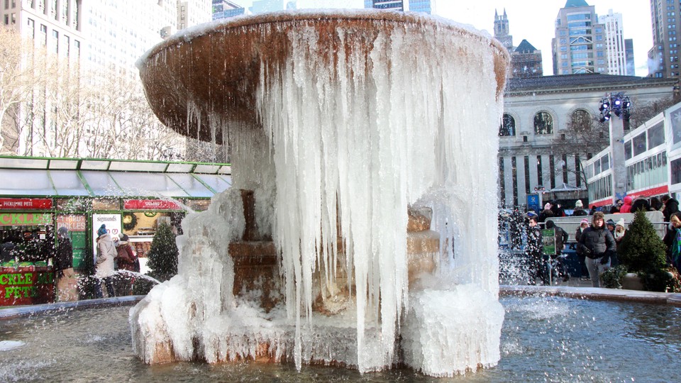 The frozen fountain in New York City's Bryant Park on December 28, 2017