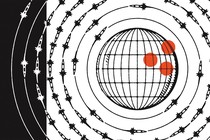 Black-and-white illustration of a globe that has three red dots on its upper-right side, surrounded by seven concentric circles of missiles in orbit.