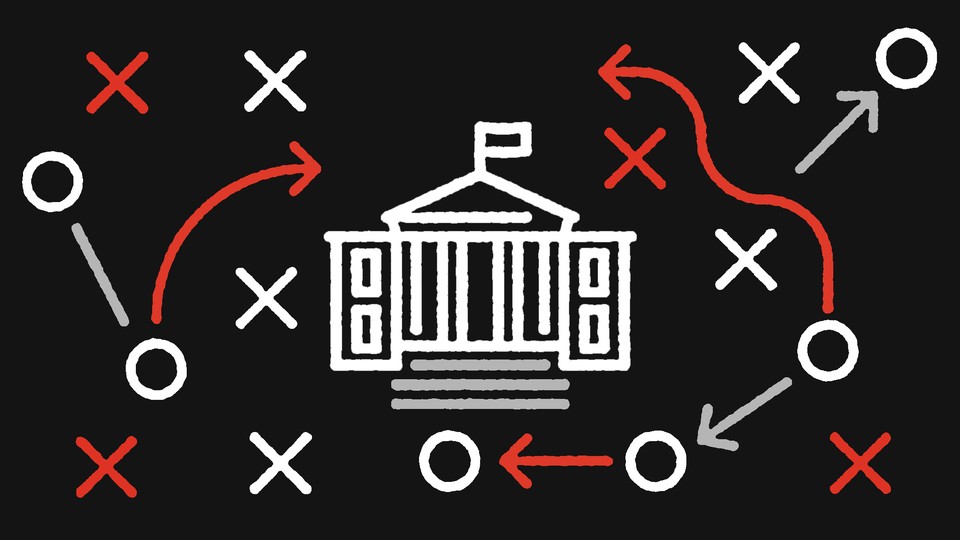 Illustration of the White House surrounded by X’s, O’s, and arrows