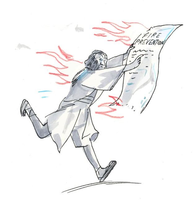 Illustration of a man running and holding a burning scroll