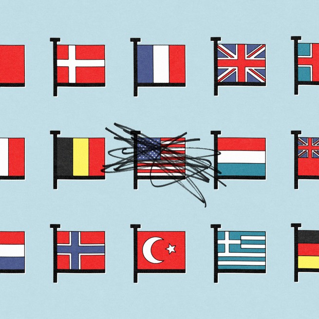 An illustration of NATO nation flags with the USA flag scribbled out.