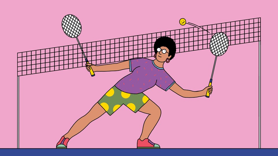 An illustrated woman playing tennis against herself