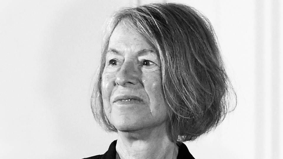 A black-and-white photo of Louise Glück
