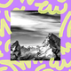 Black and white picture of mountain range with a purple background and yellow doodles