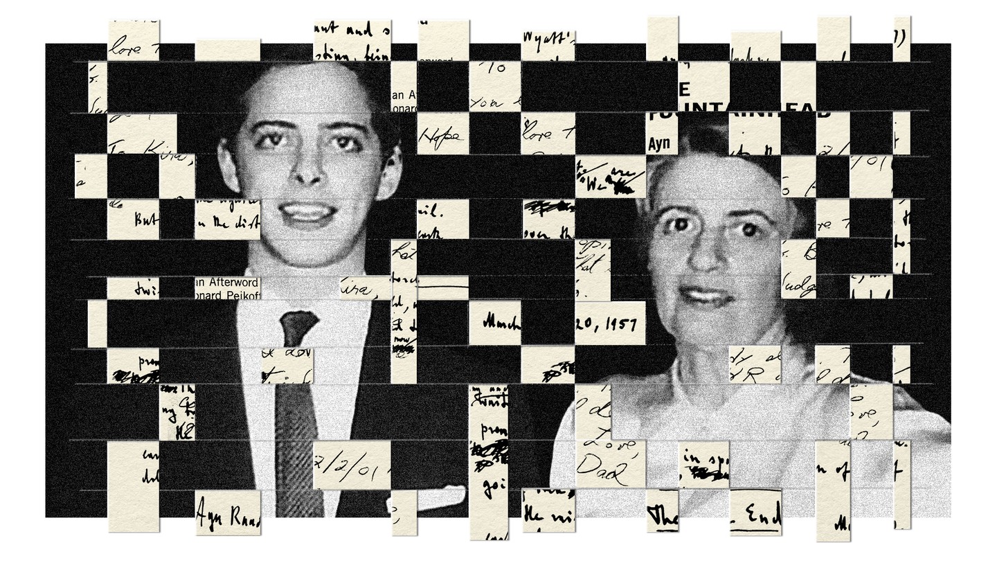 Collage showing an image of Leonard Peikoff and Ayn Rand with strips of their letters woven into it