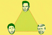 Illustration of Elon Musk, Sam Altman, and Donald Trump's faces on a triangle