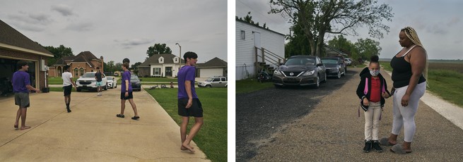 diptych: kids in driveway and woman and child in driveway