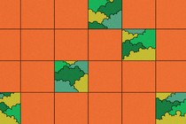Five squares of an otherwise orange gird reveal trees in a forest