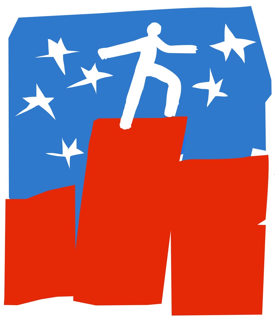 illustration: person standing with arms out on red stripes with blue background + white stars