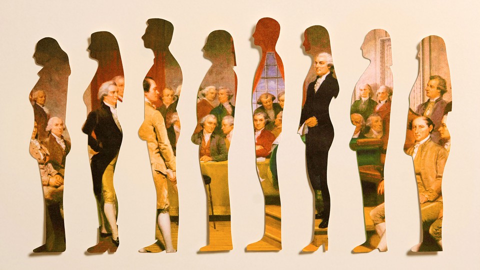 Illustration of people's silhouette's with the framers of the Constitution behind them