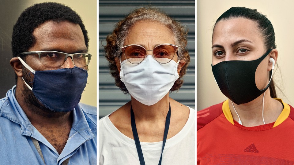 Three people wearing cloth masks