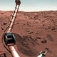 A panoramic view of the surface of Mars, seen from a Mars lander, with some instruments visible in the foreground