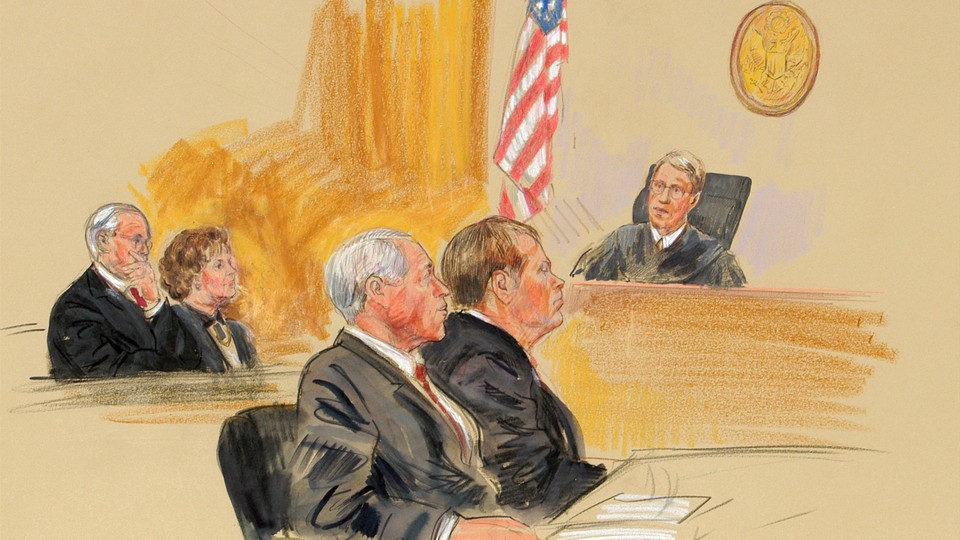 Artist rendering of a judge presiding over a hearing in 2003 for John Hinckley Jr.,