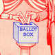 People dressed in an old-fashioned manner putting their vote into a ballot box