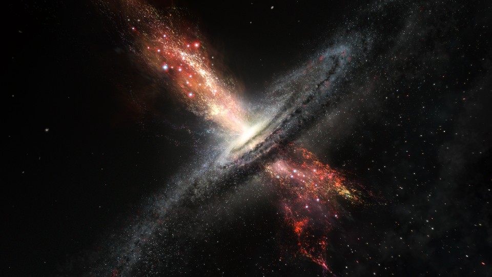 An artist’s impression of a stars forming in powerful outflows of material coming from a supermassive black hole inside a galaxy