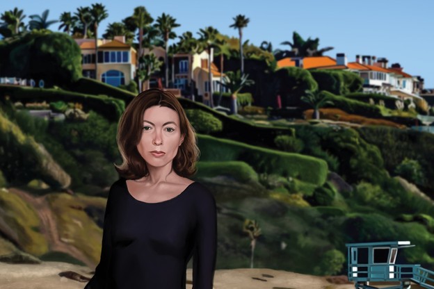 Illustration of Joan Didion standing on a beach with several large houses on the cliffs behind her