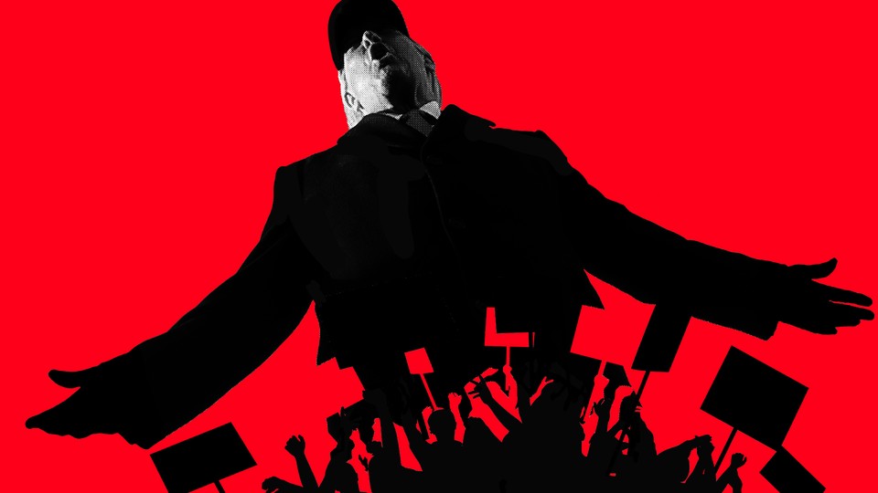 Illustration with Donald Trump stretching his arms at his side while protesters raise signs and fists beneath him