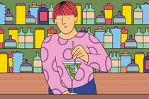 Illustration of a person mixing a martini of happy and sad faces in front of shelves of brightly colored bottles