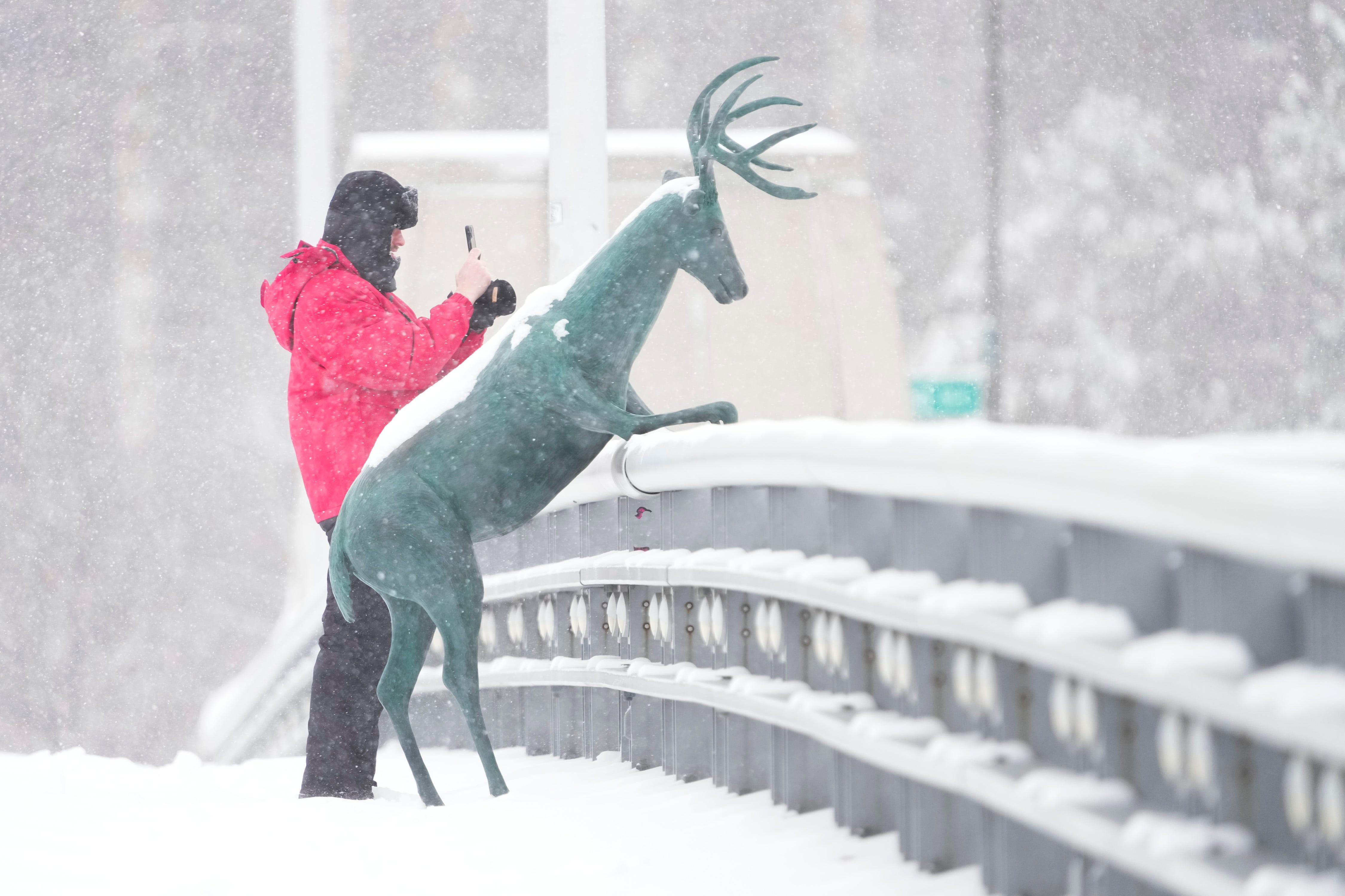 A person takes a photograph from atop a snow-covered bridge, standing beside a statue of a deer leaning on the railing.