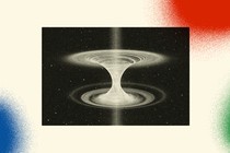A black-and-white illustration shows an hourglass image in white and the top is pooling out into a dark sky with stars and the bottom is pooling up from the dark sky with stars.The image is set against a background with three spray painted colorful circles. In the bottom left corner is a blue one, in the bottom right corner a green one and the top right corner is a red one.