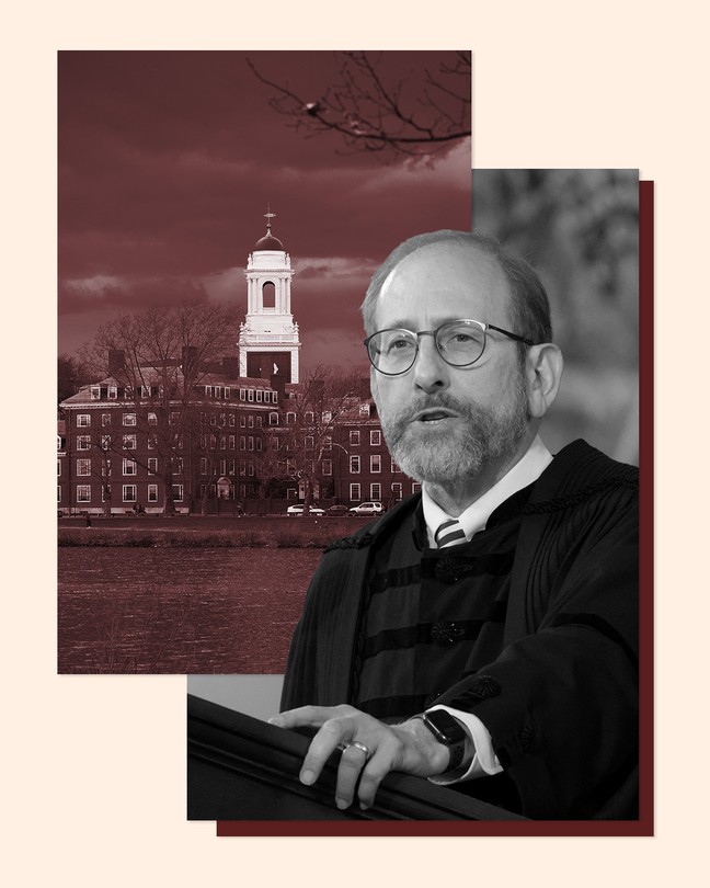 a photo-illustration of Alan Garber and Harvard's campus