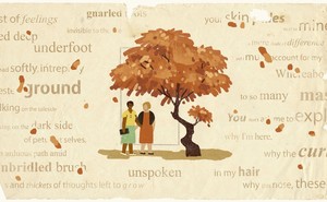 Illustration of two women, one white, one Black, standing under a tree with orange leaves. The background resembles an aged piece of paper and has transparent words on it.