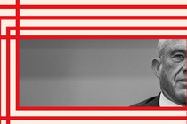 A photo of Robert F. Kennedy Jr. surrounded by a pattern of interlocking red lines