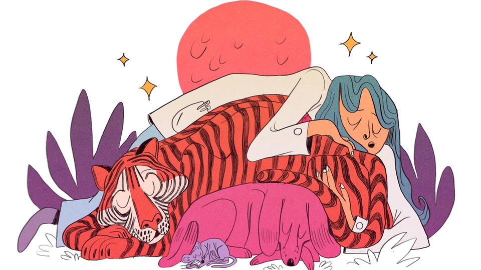 Illustration of a human and several animals sleeping