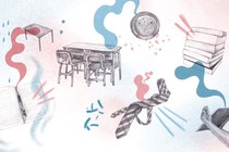 A pencil illustration with colored accents of a school desk, petri dish, pile of books, notebook, and tie