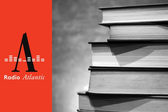 A stack of books next to the "Radio Atlantic" logo