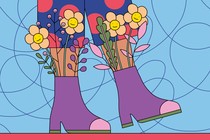 A person's legs clad in polka-dot pants and purple boots, while smiling flowers grow out of the boots