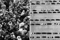 A diptych with a crowd on the left and rows of parked cars on the right