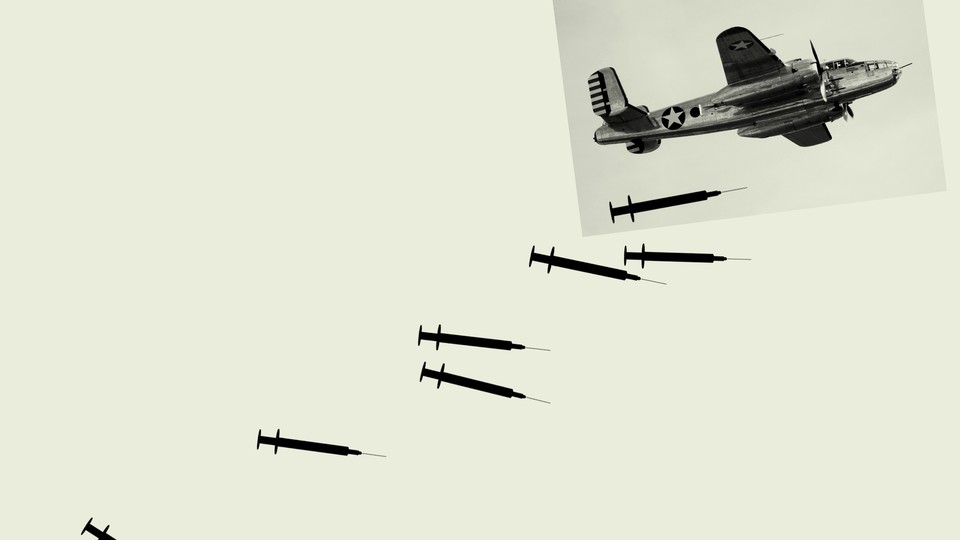 An illustration of an airplane dropping vaccines.