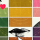 Grid of different color squares alternating with black-and-white illustrations of lady in bonnet, lips, woman's blouse, with heart