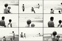 A grid of family photos, showing men, women, and children turned away from the camera at the beach
