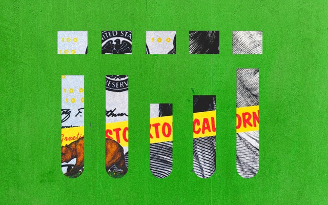 A collage of a hundred-dollar bill and California iconography superimposed on a green background