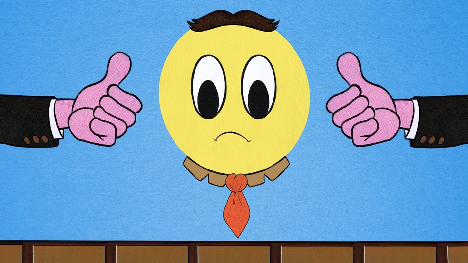 Illustration of a round yellow face frowning with two pink thumbs-up on either side of it