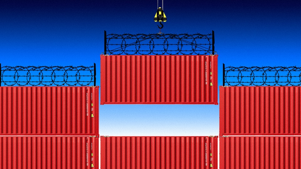 Illustration of a crane building a wall of shipping containers and barbed wire