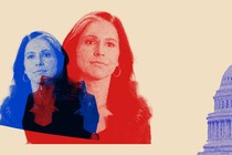 Photo-illustration in red and blue of Tulsi Gabbard and the top of the U.S. Capitol Building.