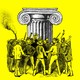 An illustration of an angry mob gathered in front of a pillar