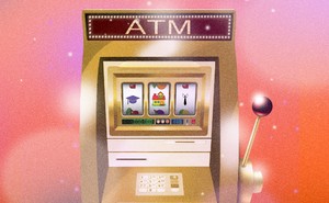 Artwork of a combination ATM-slot machine with small illustrations of a graduation cap, a house, and a suit and tie on the game screen.