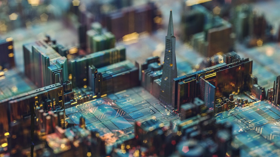 Photo-illustration of a computer chip made to look like the city of San Francisco