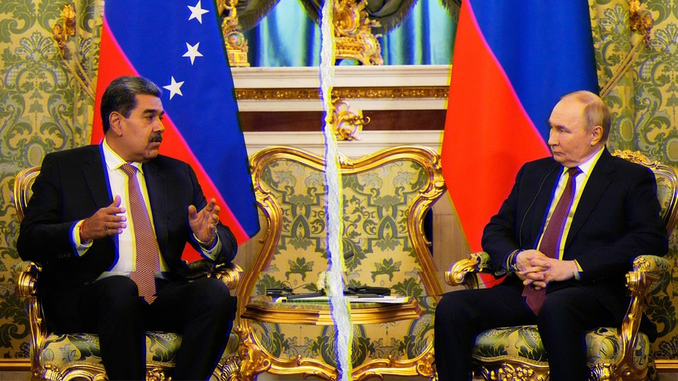 A photo of Nicolás Maduro and Vladimir Putin, torn in the middle