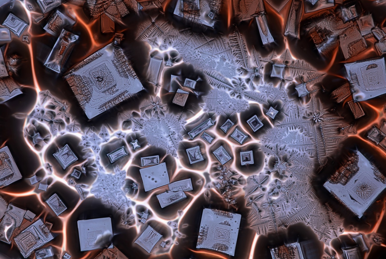 A microscopic view of soy sauce, appearing as multiple square and rectangular crystals floating in a fluid